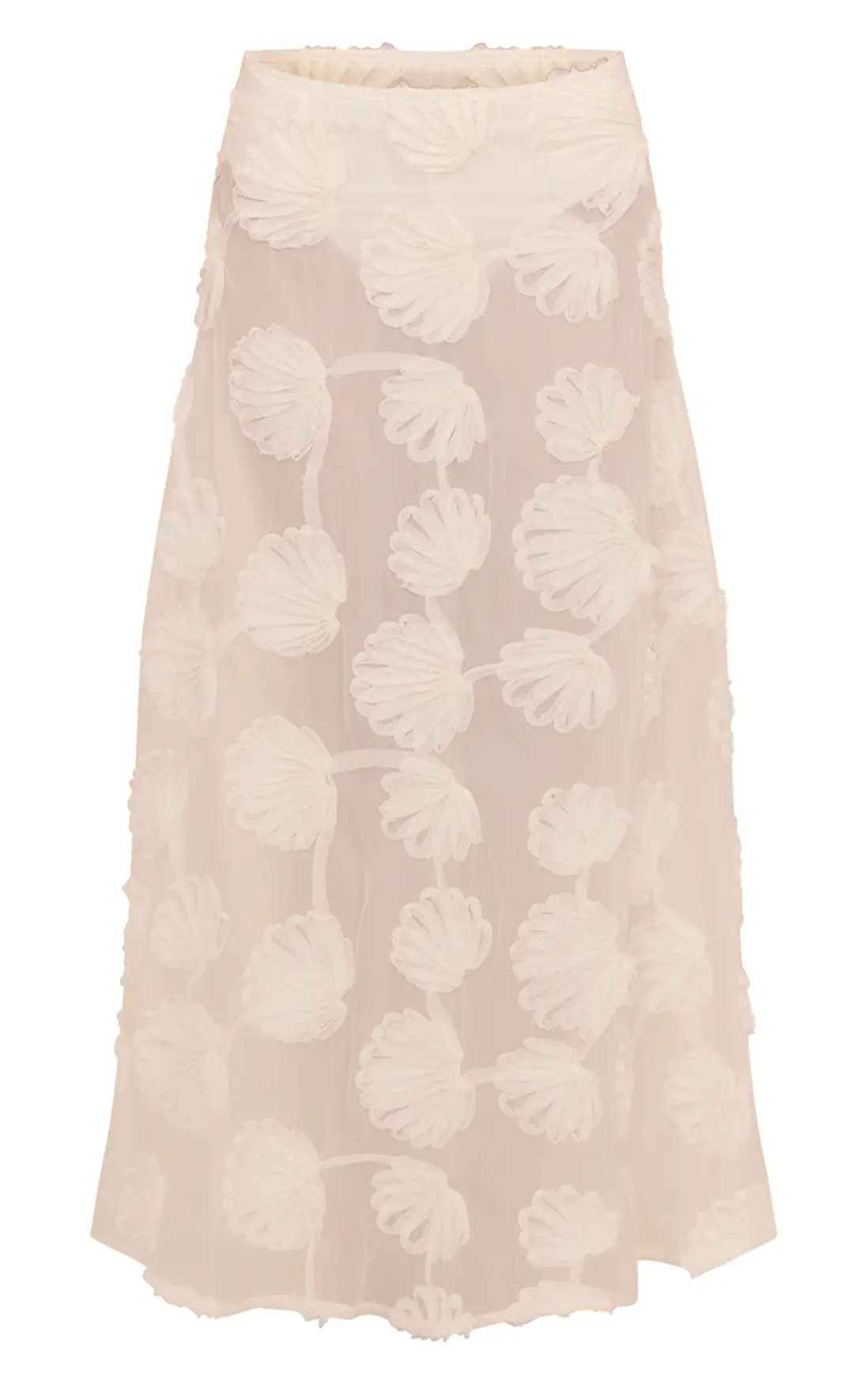 Cream Sheer Shell Applique Flared Maxi Skirt | PrettyLittleThing USA | PrettyLittleThing US