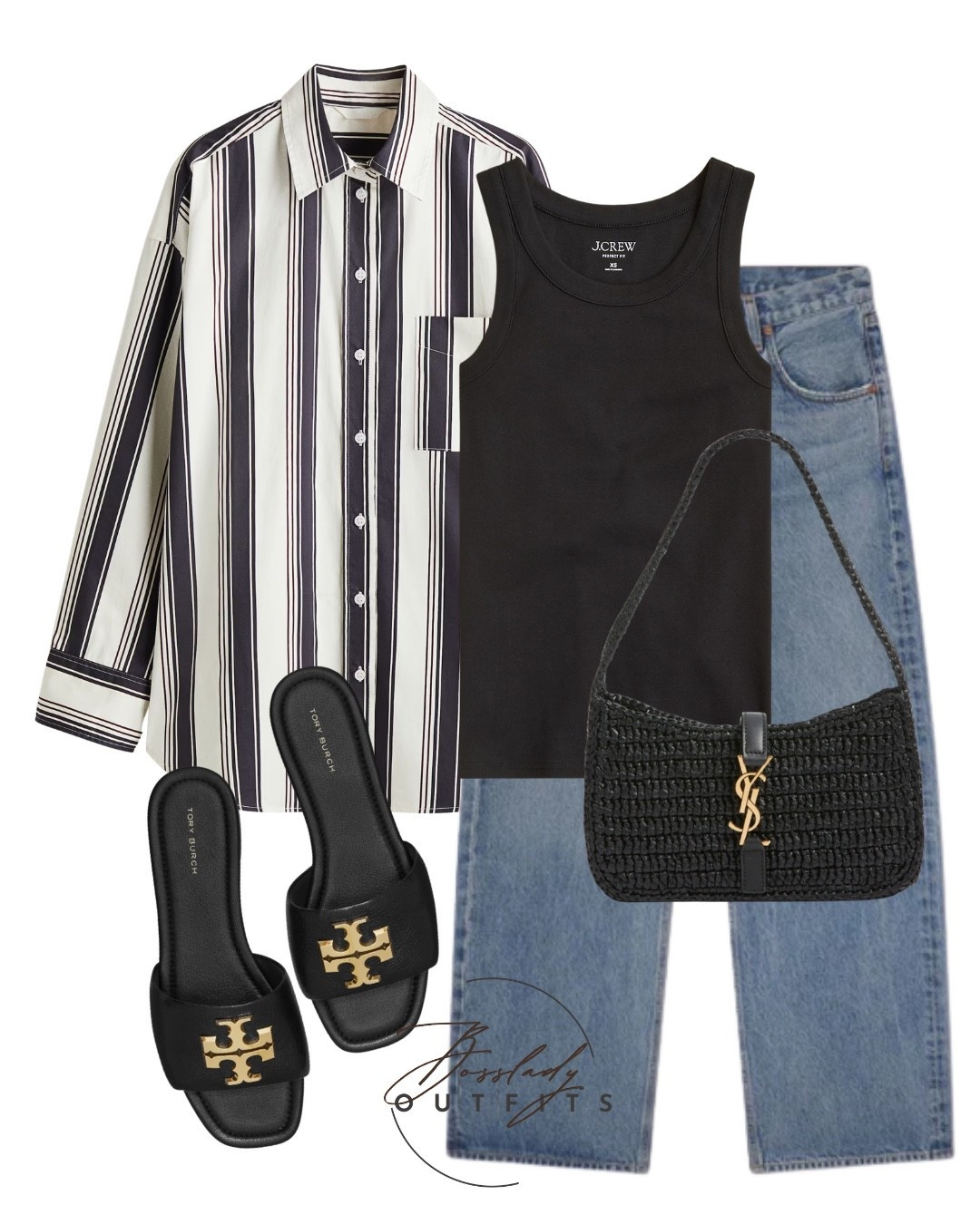 Effortless everyday chic! ✨ You can never go wrong with elevated basics. This oversized striped button-down makes the perfect light layer over a classic J.Crew black tank top. Paired with my favorite light wash straight-leg jeans for a relaxed but put-together vibe. Finished off the look with some classic black Tory Burch slide sandals and a stunning woven YSL shoulder bag for that touch of luxury.

#LTKsummer #LTKstyletip #LTKshoes