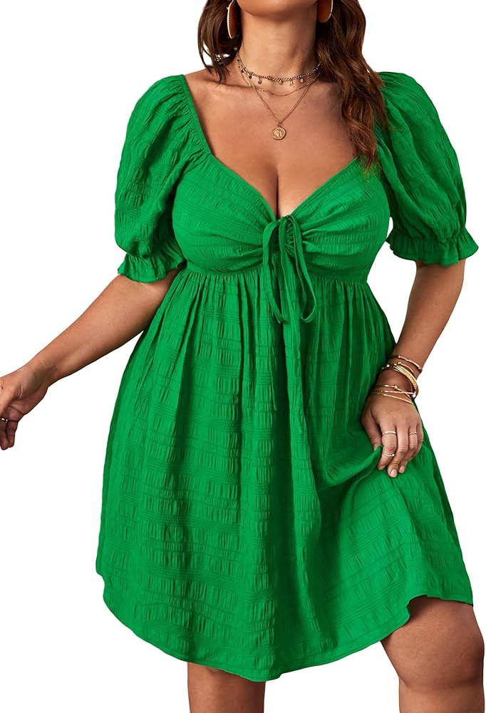 SOLY HUX Womens Plus Size Summer Dresses Sweetheart Neck Puff Short Sleeve Tie Swing A Line Midi ... | Amazon (US)