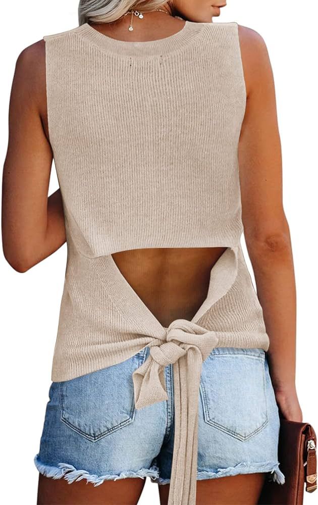 Meenew Women's Tank Tops Tie Back Knitted Sweater Vest Summer Sleeveless Shirts | Amazon (US)