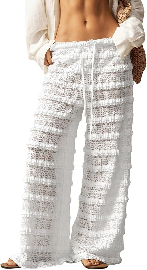 RoseSeek Women's Crochet Lace Pants Ruffle Layered Elastic Waist Mesh Bathing Suit Cover Up Beach... | Amazon (US)
