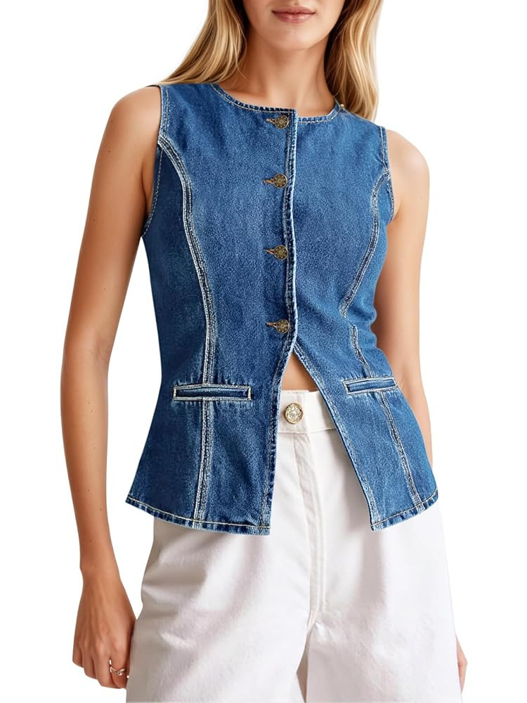 Tankaneo Womens Button Down Denim Vest Trendy Fitted Sleeveless Jean Tank Tops Crew Neck Waistcoa... | Amazon (US)