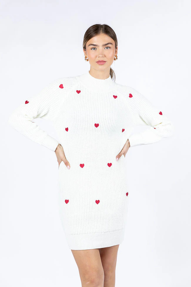 Call Back Later Ivory Heart Detail Sweater Dress | Pink Lily