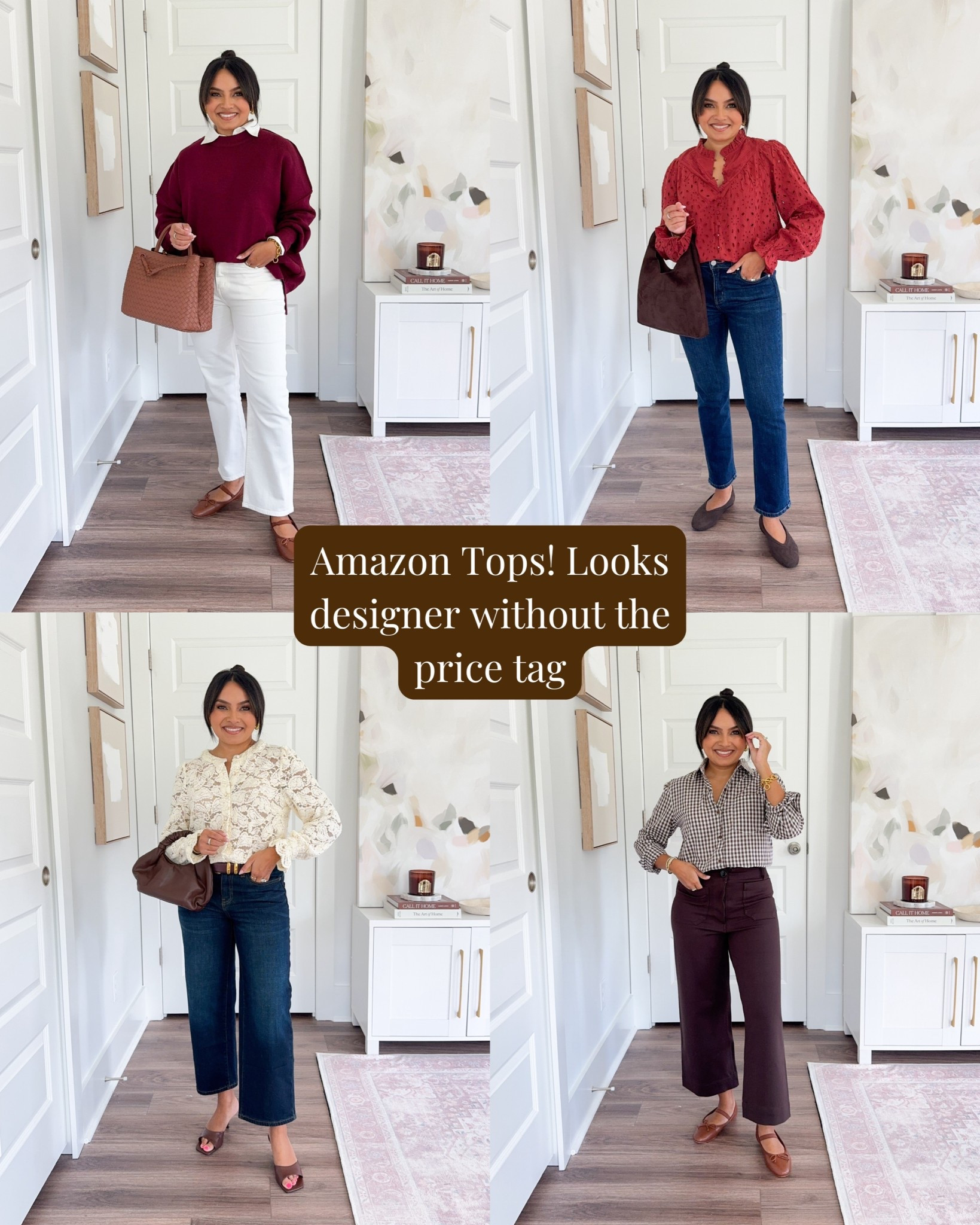 Amazon Fall Tops
For reference: I’m 5’0, 32b bra size, and 2/26 in bottoms, pear shaped. 
*Everything I share is unaltered! TTS means true to size.

Ivory beige lace top size small TTS
Blue jeans size 26 petite TTS
Brown heels size 5 TTS

Orange brown red eyelet top size small TTS
Jeans size 26, 26” inseam TTS in color midnight blue
Brown flats size 5 TTS

Brown gingham button down size xs TTS
Espresso brown copped wide leg pants size 2, 24” inseam TTS
Brown ballet flats size 5 TTS

Striped tan khaki cardigan size small TTS
Black jeans size 26, 26” inseam TTS
Tan adobe flats size 5 TTS
Burgundy wine red sweater size small TTS
White button down size 0 petite TTS
Cloud white straight jeans size 26, 26” inseam TTS


Fall shoes
Work flats
Amazon tops
Amazon fall outfits
Leopard print flats
Brown flats
Fall outfits 
Petite friendly
autumn
Rachel Miranda Blog
Honeysweetpetite
Honey Sweet Petite


Follow my LTK @RachelMiranda_HoneySweetPetite on the @shop.LTK app to view this post and get my exclusive app-only content!



#LTKHoliday #LTKFindsUnder50 #LTKGiftGuide