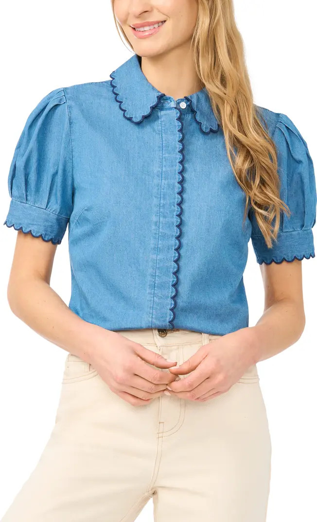 CeCe Scallop Trim Puff Sleeve Denim Placket Button-Up Shirt | Nordstrom | Nordstrom