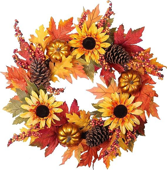 Haute Decor 24 Inch Fall Sunflower Artificial Wreath with Grapevine Base, Real Pinecones, Faux Be... | Amazon (US)
