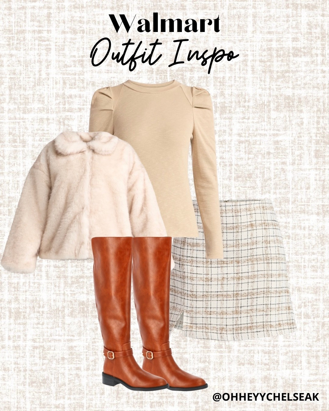 Walmart Outfit Inspo // I am obsessing over all the faux fur this season! 😍 The jacket paired with the skirt, so cute! And then you add in a little warmth with the boots. Which in real life they’re not as warm toned, just if you think it’s a little too much. Online they are very warm but I mean they are called cognac ha! Anyways, pair this with your favorite jewelry and bag, and you are ready to rock this outfit! 

#LTKFindsUnder50 #LTKStyleTip