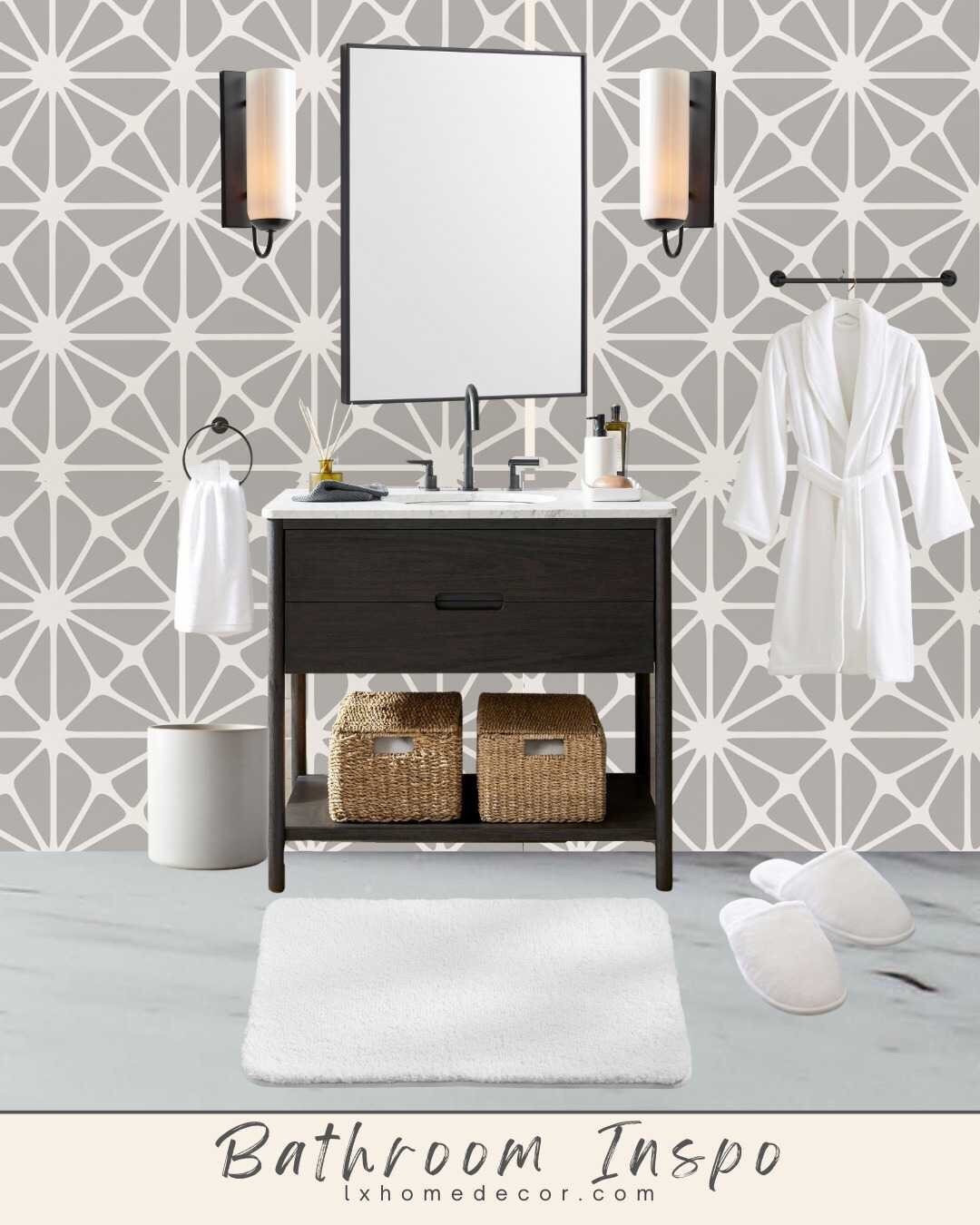 Click below to shop! Follow me @lxhomedecor for more home inspo, Favorite finds, best finds, Top deals, and Ideas !!! Upgrade your bathroom with this modern elegant decor. Featuring a sleek black vanity, stylish wall sconces, a geometric patterned wall, and cozy accessories, this design combines luxury and functionality."modern bathroom decor, elegant bathroom ideas, black vanity, geometric wall pattern, stylish bathroom, bathroom inspiration, luxury bathroom design, moodboard#Bestsellers  #bestfinds #LTKFind  #LTKSale  #homedecor #home   #homefinds



#LTKSaleAlert #LTKHome #LTKOver40