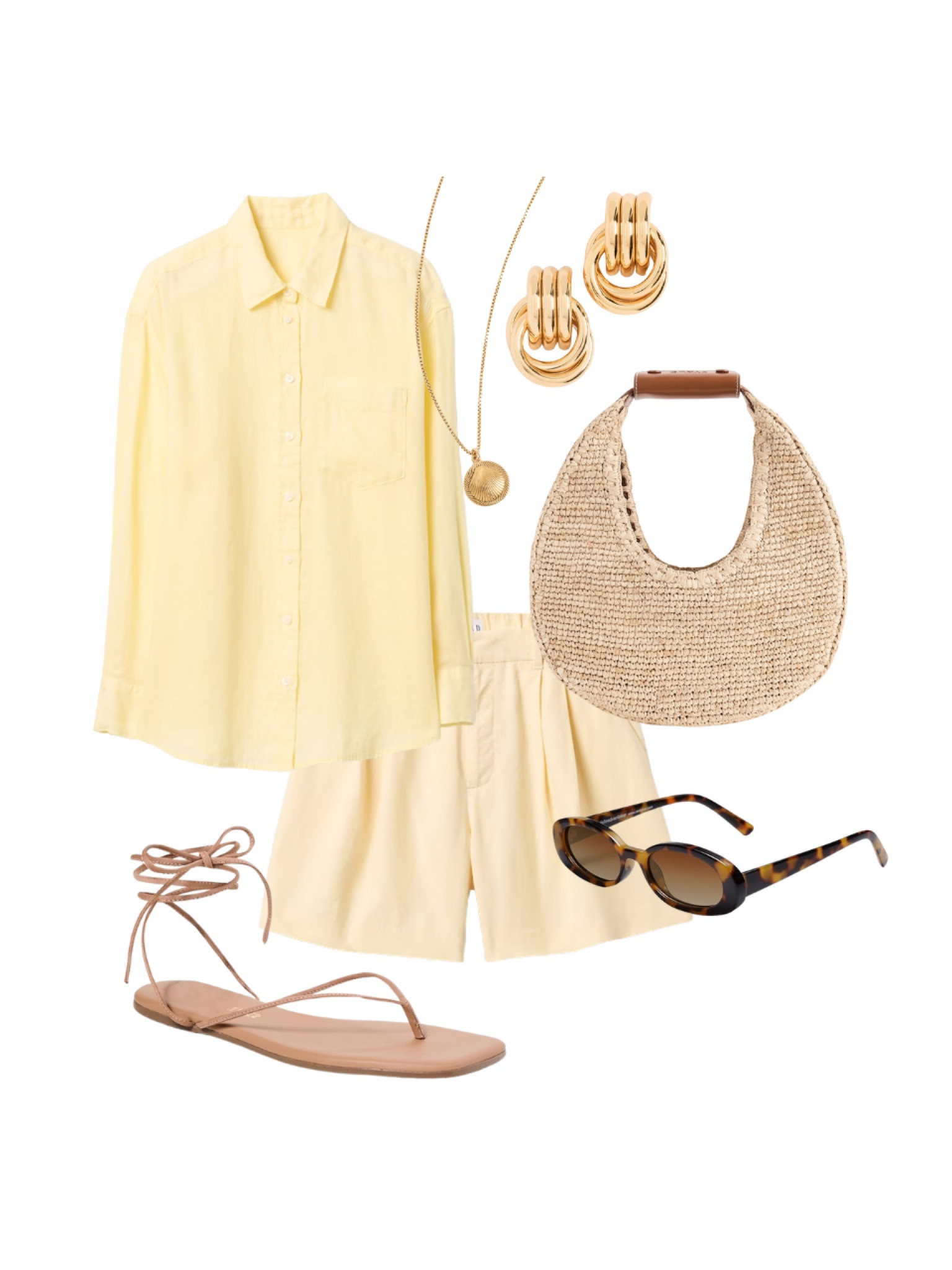 trend alert 💛🧈 butter yellow linen set, sandals, flat sandals, straw handbag, sunglasses, gold earrings, vacation necklace, linen, summer outfit idea 

#LTKFindsUnder100 #LTKFindsUnder50 #LTKSpringSale