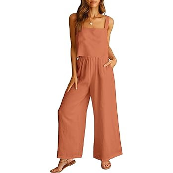 ANRABESS Women's 2 Piece Outfits Linen Pants Jumpsuit Matching Lounge Set Casual Summer Beach Vac... | Amazon (US)