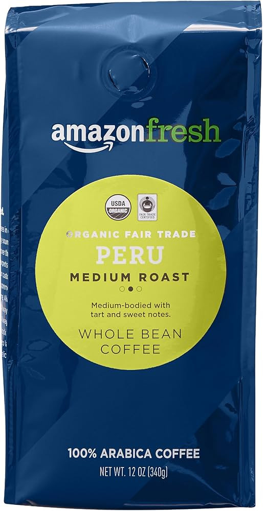Amazon Fresh, Organic Fair Trade Peru Whole Bean Coffee, Medium Roast, 12 Oz | Amazon (US)