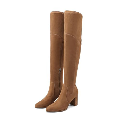 Adrizzlein Over the Knee Boots for Women Brown Thigh High Boots Suede Chunky Block Heel Pointed Toe Stretch Wide Calf Long Slouch Fall Winter Dress Boots Brown Size 10 | Amazon (US)
