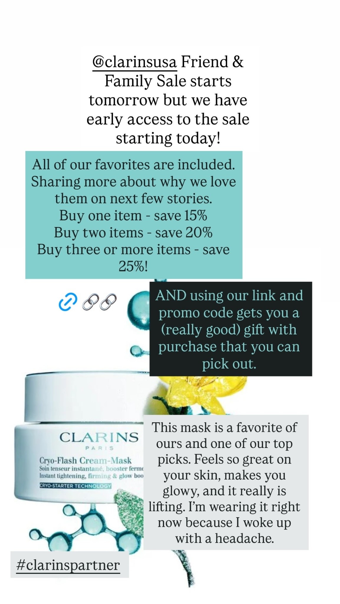 #clarinspartner  @clarinsusa Friend & Family Sale starts tomorrow but we have early access to the sale starting today!  This mask is a favorite of ours and one of our top picks. Feels so great on your skin, makes you glowy, and it really is lifting. I’m wearing it right now because I woke up with a headache.  All of our favorites are included. Sharing more about why we love them on next few stories. 
Buy one item - save 15%
Buy two items - save 20%
Buy three or more items - save 25%! 

#LTKBeauty #LTKSaleAlert