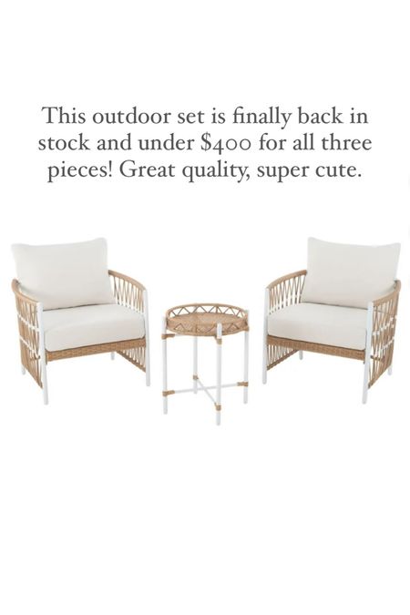 This outdoor set from Walmart is finally back in stock and under $400 for all three pieces! Great quality, super cute. Love the coastal, woven look! 

#LTKhome #LTKstyletip #LTKSeasonal