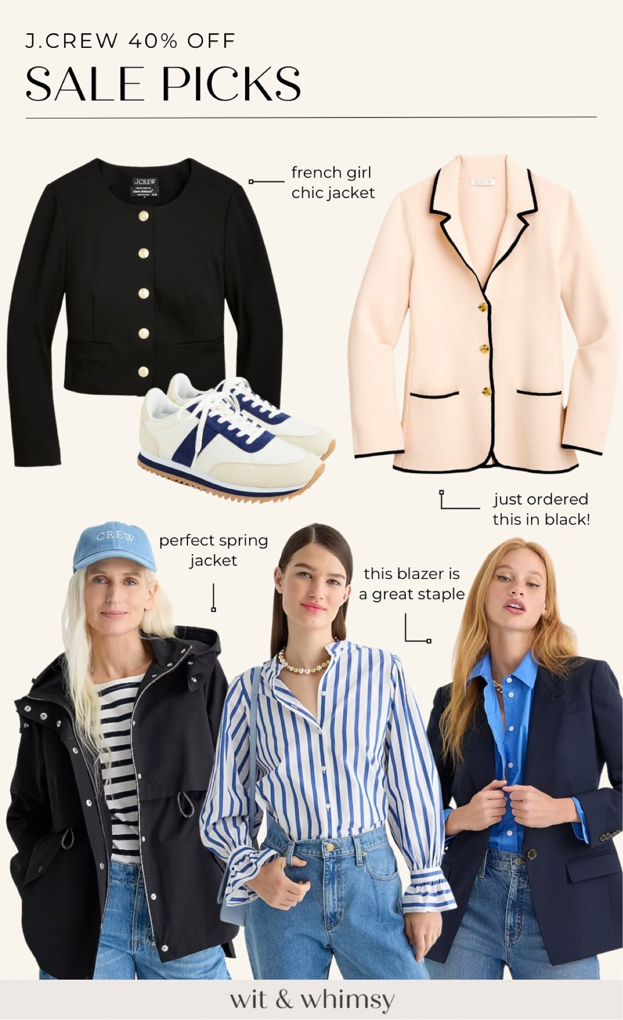 J.Crew early sale picks:
Gold button lady jacket
Sweater cardigan 
Color block sneakers
Spring rain coat
Striped shirt
Classic blazer 

#LTKsalealert #LTKSale