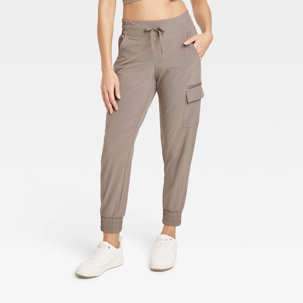 Women's Flex Woven Mid-Rise Cargo Joggers - All In Motion™ Taupe M | Target