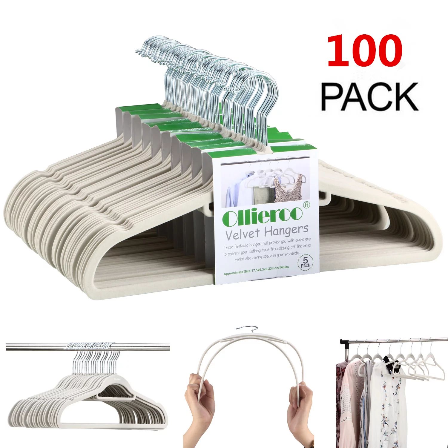 Ollieroo 100 Pack Non Slip Velvet Hangers Set Heavy Duty Clothes Hanger with 360 Swivel Hook,Beig... | Walmart (US)