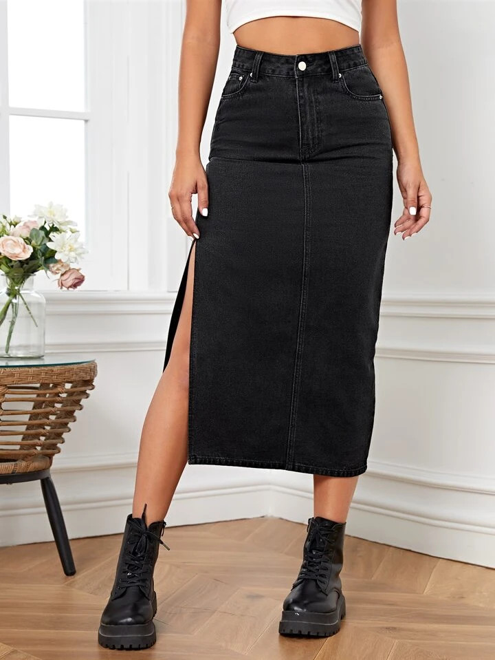 SHEIN Essnce High Waist Split Thigh Denim Skirt | SHEIN