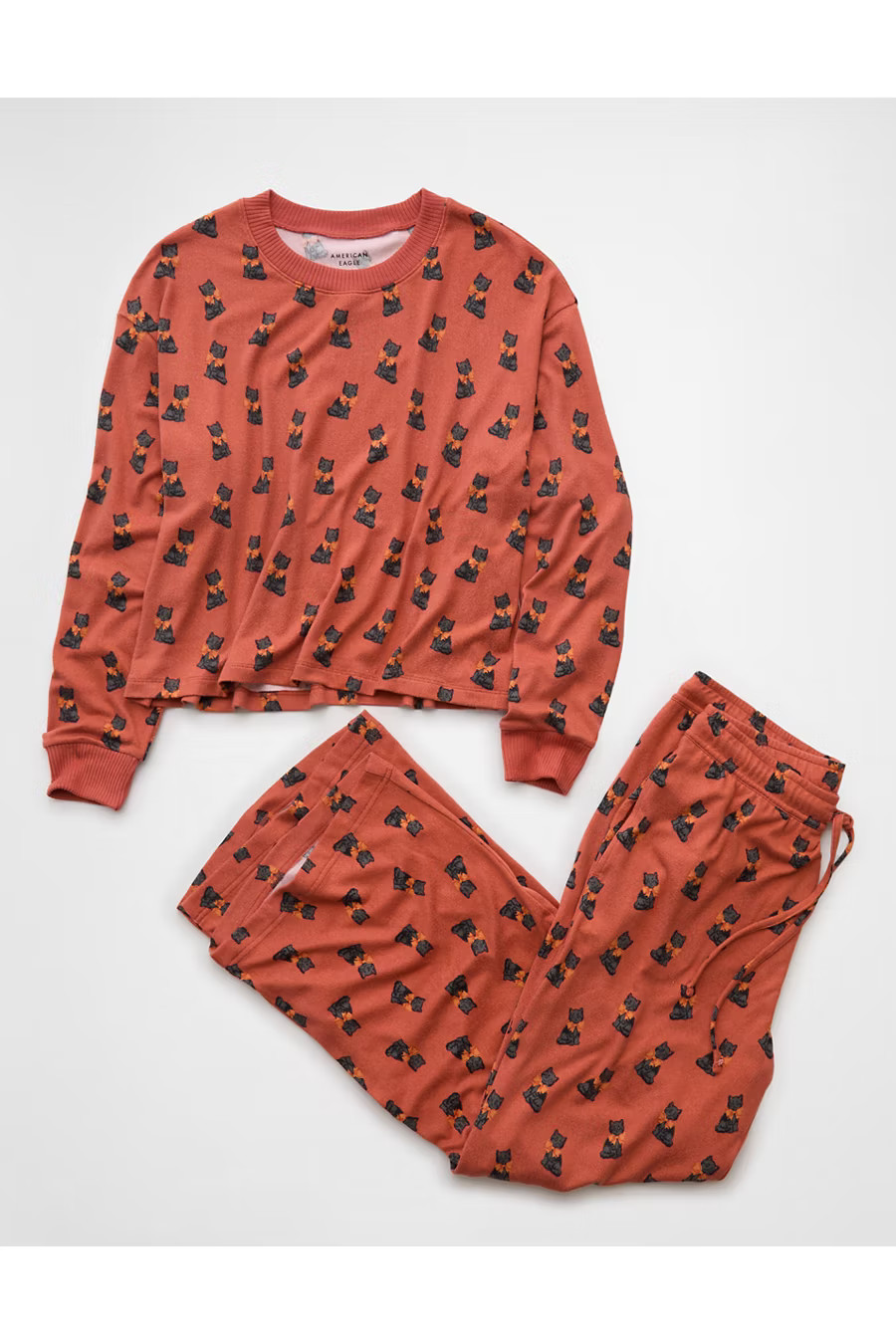 AE Luxe Plush Halloween Long-Sleeve & Pant PJ Set Women's Cognac XXS | American Eagle Outfitters (US & CA)