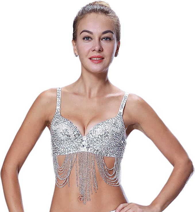 Seawhisper Tribal Glitter Sparkle Rhinestone Belly Dance Beaded Sequined Bra Top for Rave Cabaret... | Amazon (US)