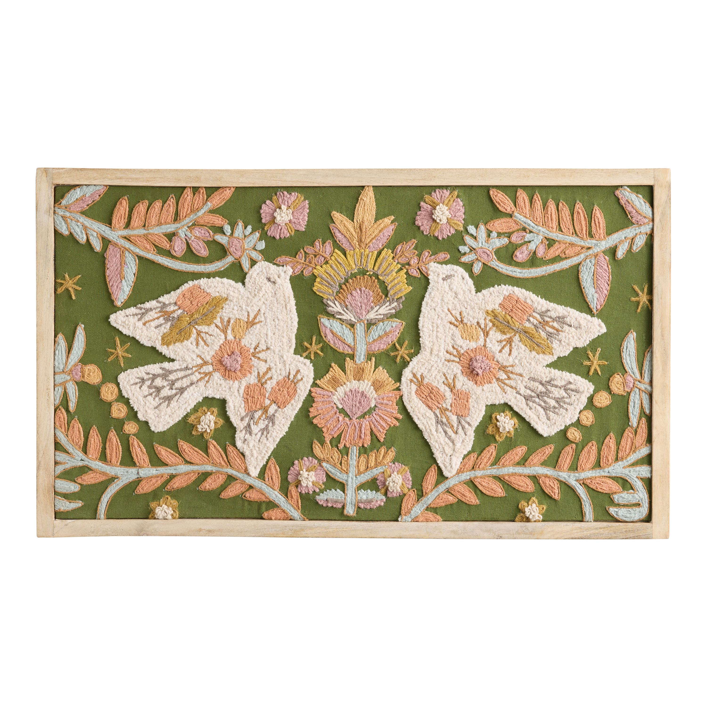Doves and Botanicals Embroidered Textile Framed Wall Art | World Market