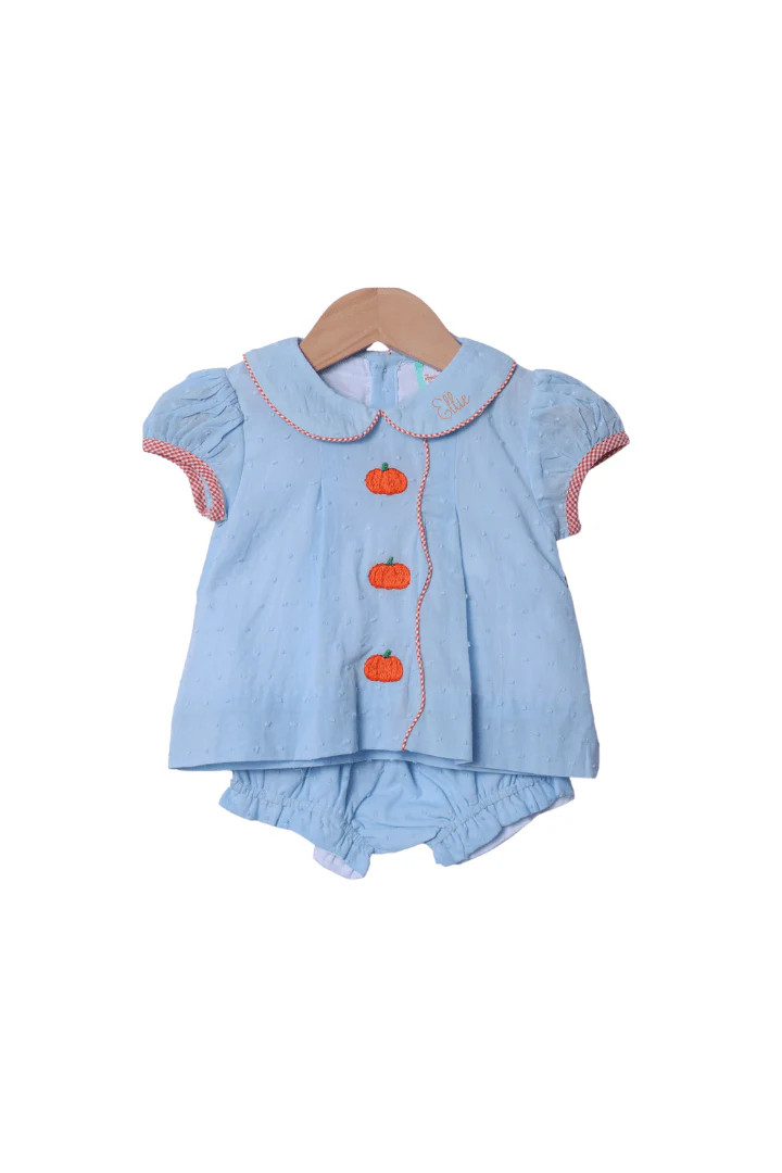 Hand Embroidered Blue Swiss Dot Pumpkin Bloomer Set | The Smocked Flamingo