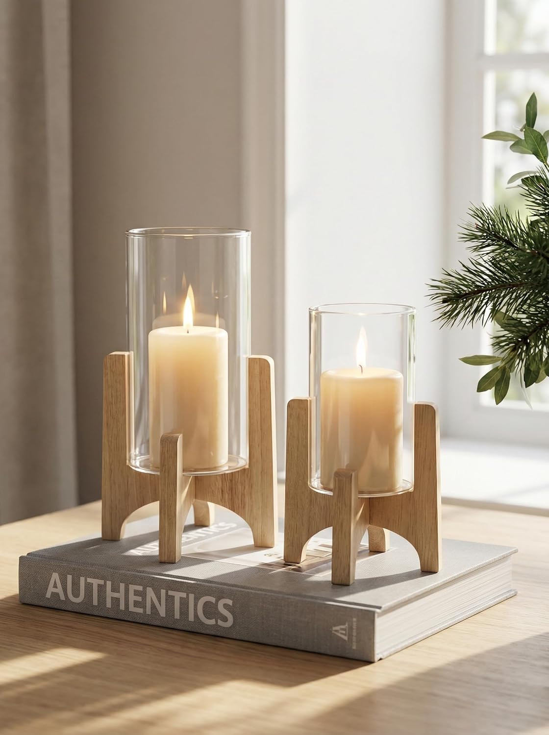 NUPTIO Hurricane Glass Candle Holders with Wood Stands, Set of 2 | Amazon (US)