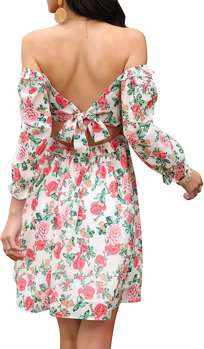 EXLURA Women's Off Shoulder Tie Back Drawstring Ditsy Floral Dress Puff Sleeve Sundre... | Amazon (US)