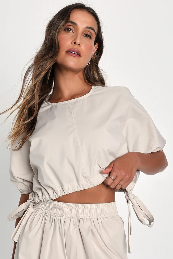 Coolest Cutie Beige Short Sleeves Drawstring Crop Top | Lulus