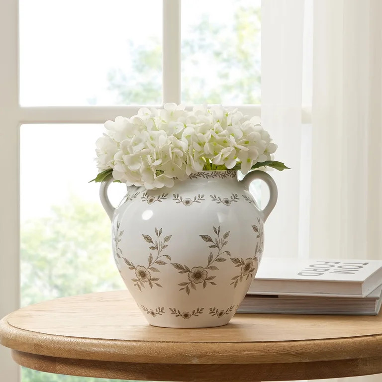 My Texas House 8 in White Ceramic Floral Vase with Taupe Design and Double Handles | Walmart (US)