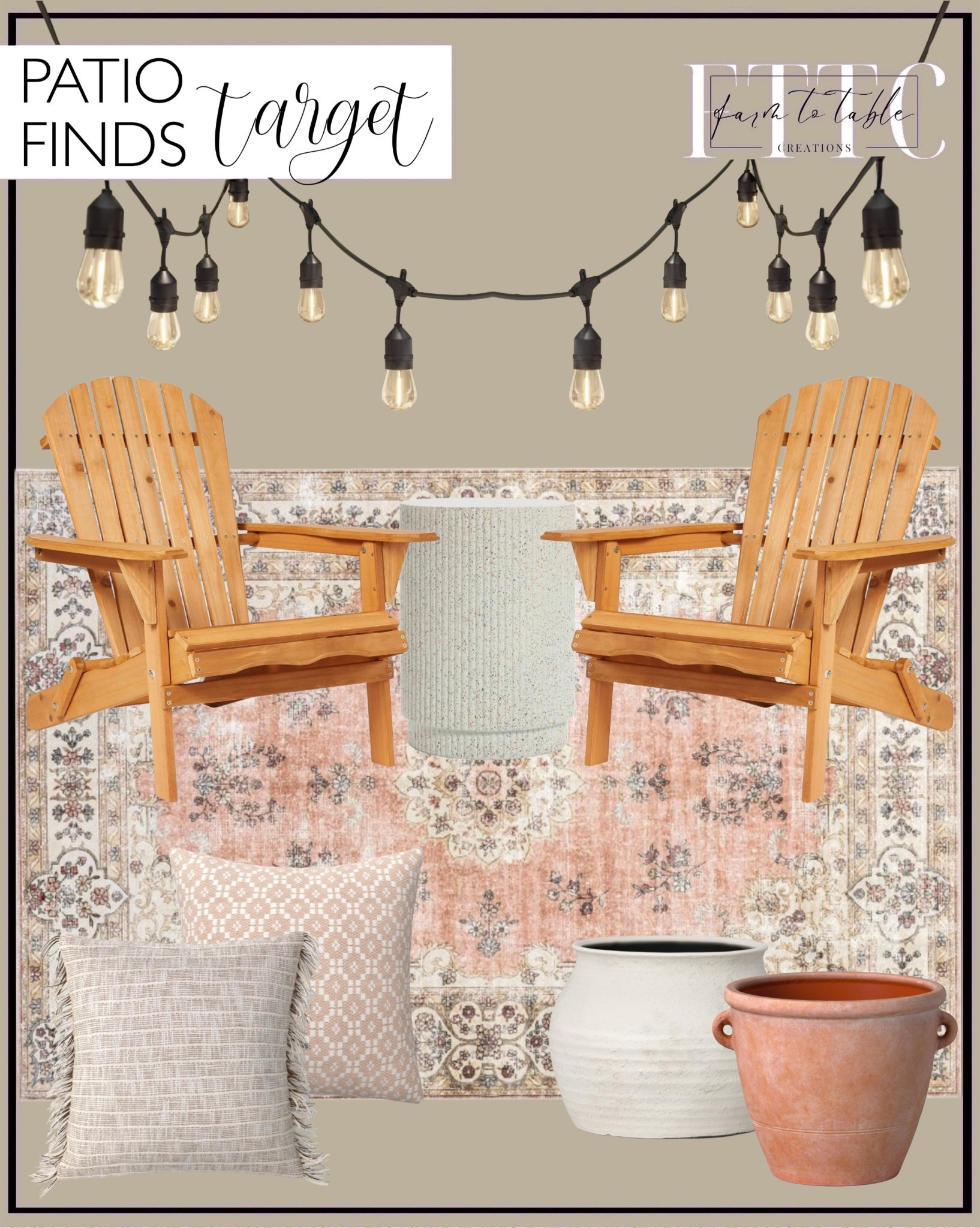 Target Patio Finds.  Follow @farmtotablecreations on Instagram for more inspiration.

nuLOOM Ren SpinClean Machine Washable Stain-Resistant Area Rug. Best Choice Products Folding Adirondack Chair Outdoor, Wooden Accent Lounge Furniture w/ 350lb Capacity. LuxenHome Ivory White Cement Round Outdoor Side Table. Slubbed Stripe Textural Woven Square Outdoor Throw Pillow Cream - Threshold. Lattice Woven Square Outdoor Throw Pillow Blush - Threshold. Sun Bleached Composite Indoor Outdoor Planter Pot Cream - Threshold designed with Studio McGee. Antique Ceramic Indoor Outdoor Planter Pot Terracotta Orange.  10ct LED Drop Indoor Outdoor Café String Lights

Patio Finds | Console Table | Dining Room | Dining Room Artwork | Bathroom Finds | Bedroom Finds | Bedroom Furniture | nightstands | Home Decor| Fireplace Decor | Spring Refresh |  Bedroom Finds | Neutral Stems | Spring Stems | Bookshelf Decor | Bedroom Space | Cozy  Corner | Bathroom | Curated Entryway | Spring  Decor | End of Year Clearance | Trending Decor | Viral Decor  | Coffee Table Decor | Neutral Decor | Fall Stem Sale | Target Finds | Skinny Bench | Bedroom | Living Room | Breakfast Nook | Amazon Home | Target Sale | Loloi Rugs | Magnolia Home | console table | console table styling | faux stems | entryway space | front porch decor | neutral decor | entryway decor | cozy home | affordable decor |  home decor | home inspiration | console styling | entryway rug | cozy moody home | moody home decor | neutral home | bathroom decor | living room | spring decor | Hearth & Hand | Studio McGee | 2025 Home Trends | trending home | Crate&Barrel 




#LTKSeasonal #LTKHome #LTKFindsUnder50