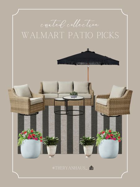 I love this Walmart patio set inspiration! This set looks very high end, and comfortable. Additionally, these planters are very affordable— only $13 and $25! 

Walmart, outdoor patio, outdoor rug, planters, outdoor umbrella, seasonal 

#LTKhome #LTKSeasonal #LTKFind