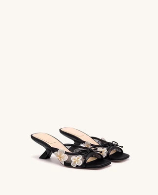 Mireille Bow Floral Embroidered Appliqué Mesh Heeled Sandals - Black | JW PEI US
