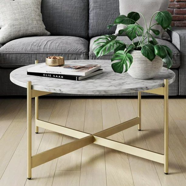 Nathan James Piper White Faux Marble Gold Brass Metal Frame Round Modern Living Room Coffee Table... | Walmart (US)