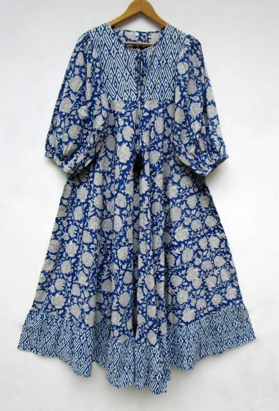 Indigo Blue Floral Printed Cotton Long Summer Maxi Dress  | Etsy | Etsy (US)