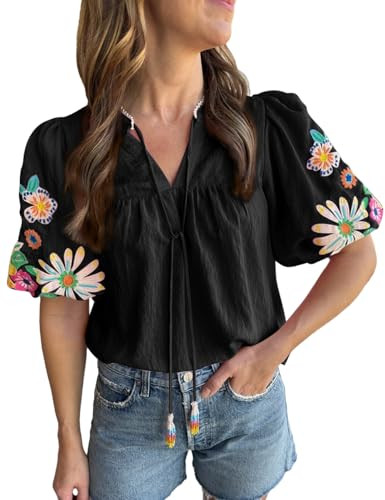 Women's Casual Floral Embroidered V Neck Boho Puff Short Sleeve Shirts Loose Tunic Summer Blouses... | Amazon (US)
