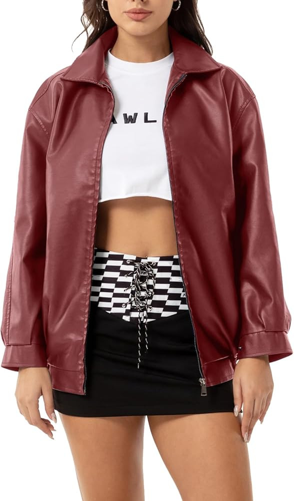 Womens Oversized Faux Leather Jackets Fashion Zip Up Motorcycle Loose Fit Jacket Fall Trendy Outf... | Amazon (US)