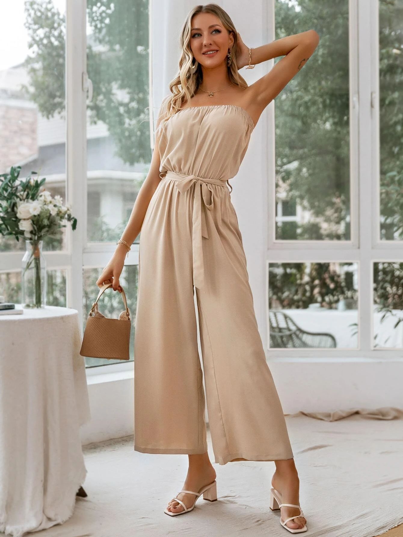 Simplee Solid Belted Wide Leg Jumpsuit | SHEIN