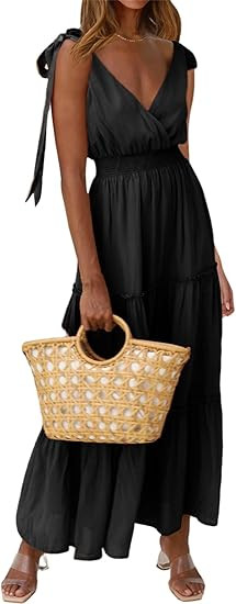 PRETTYGARDEN Women's Cross Neck Spring Sleeveless Tiered Maxi Dress Beach Tie Strap Smocked Long ... | Amazon (US)