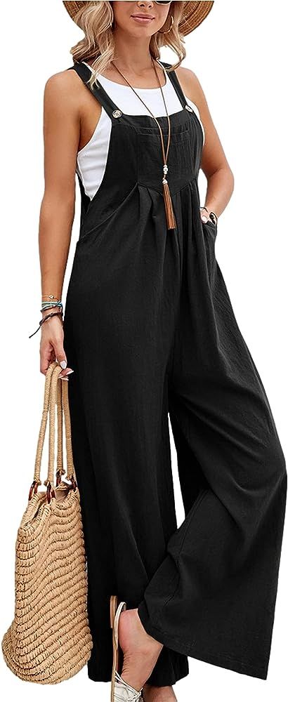 HangNiFang Women's Casual Summer Linen Jumpsuit Adjustable Strap Wide Leg Overalls with Pockets | Amazon (US)