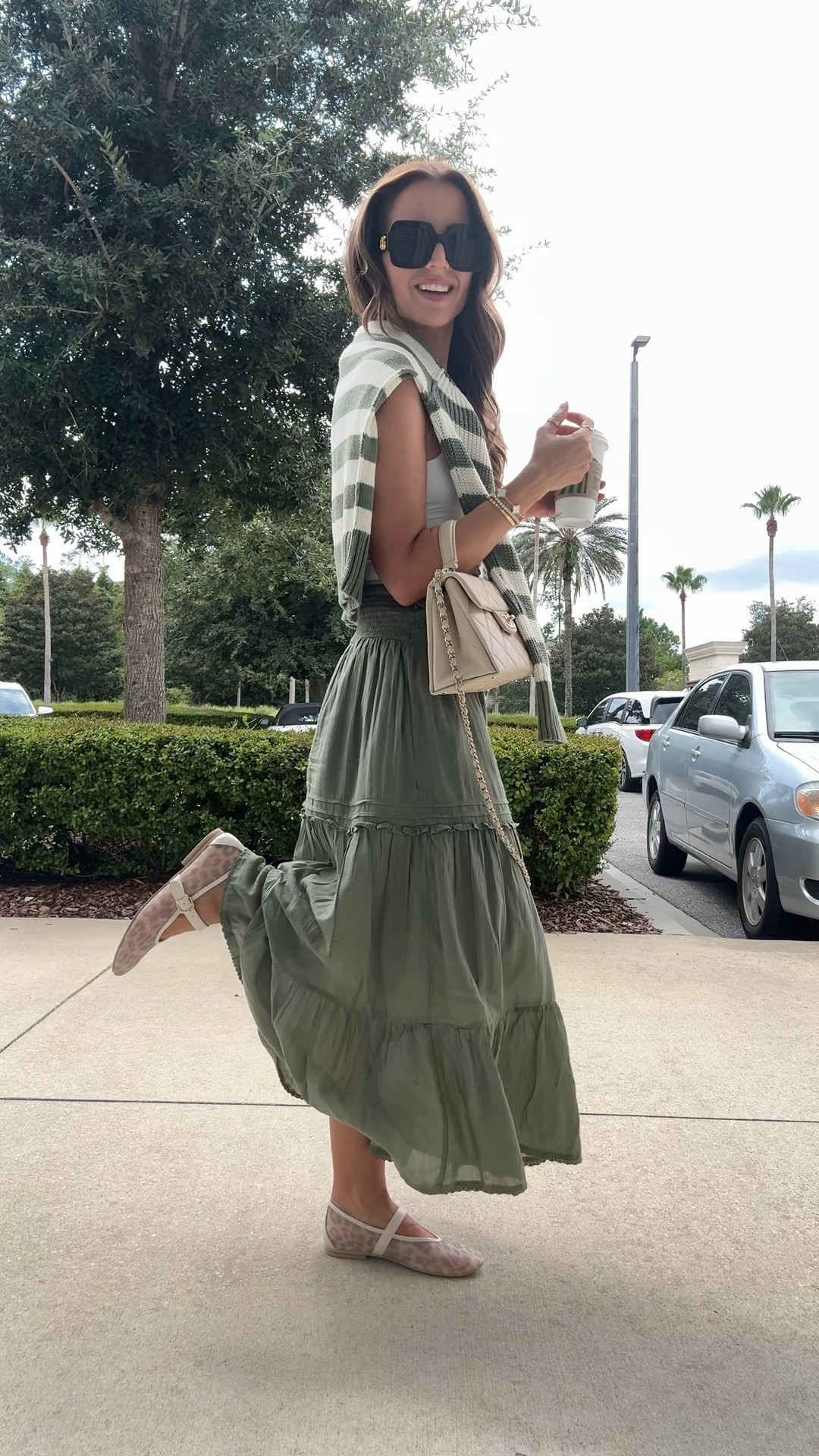 Fall outfit. Pre fall outfit. Elevated casual. Everyday outfit. New aerie boho maxi skirt in XXS - would be so cute for a concert too! Aerie striped sweater in XXS. Amazon bodysuit in XS. Leopard ballet flats are TTS. Gucci sunglasses. 

#LTKFallSale #LTKSeasonal #LTKShoeCrush