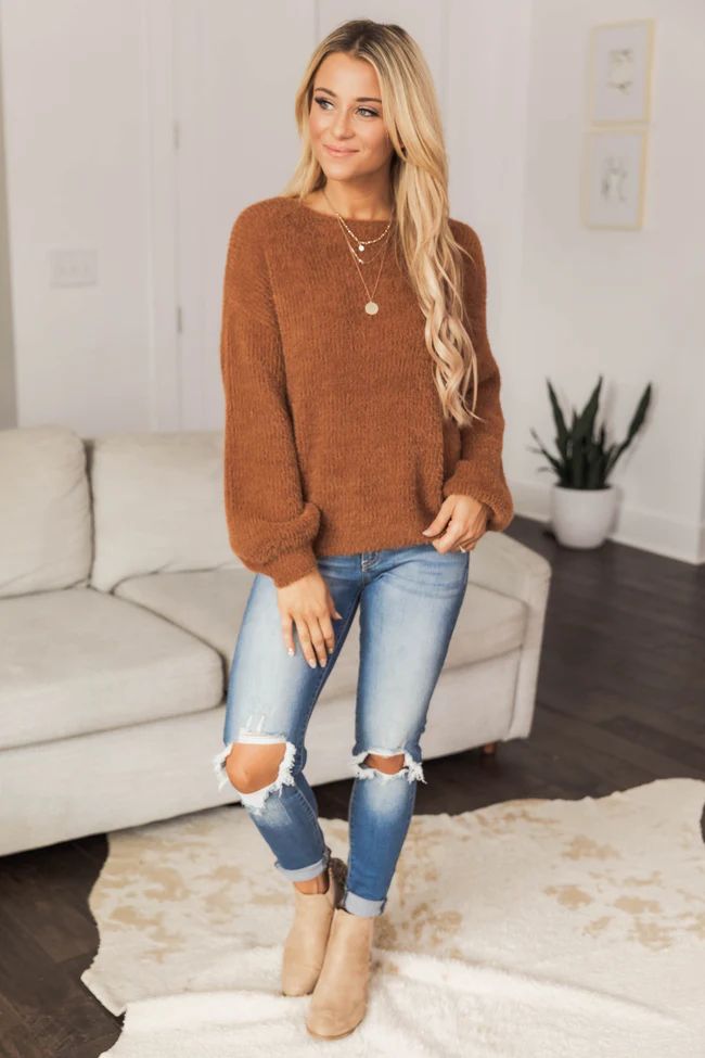 Late Night Talks Fuzzy Sweater Rust CLEARANCE | The Pink Lily Boutique