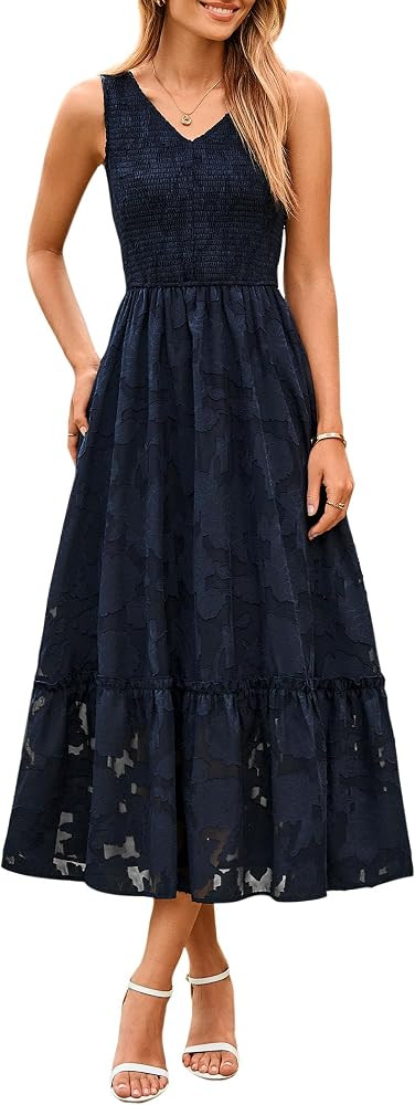 Simplee Womens Semi Formal Dresses for Wedding Guest Floral Lace Midi Dress | Amazon (US)