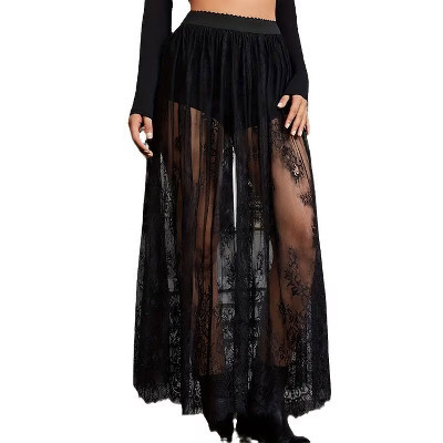 High Waist Semi-Sheer Maxi Skirt Black Lace A-Line Ankle-Length with Elastic Waistband and Inner Lining L | Target