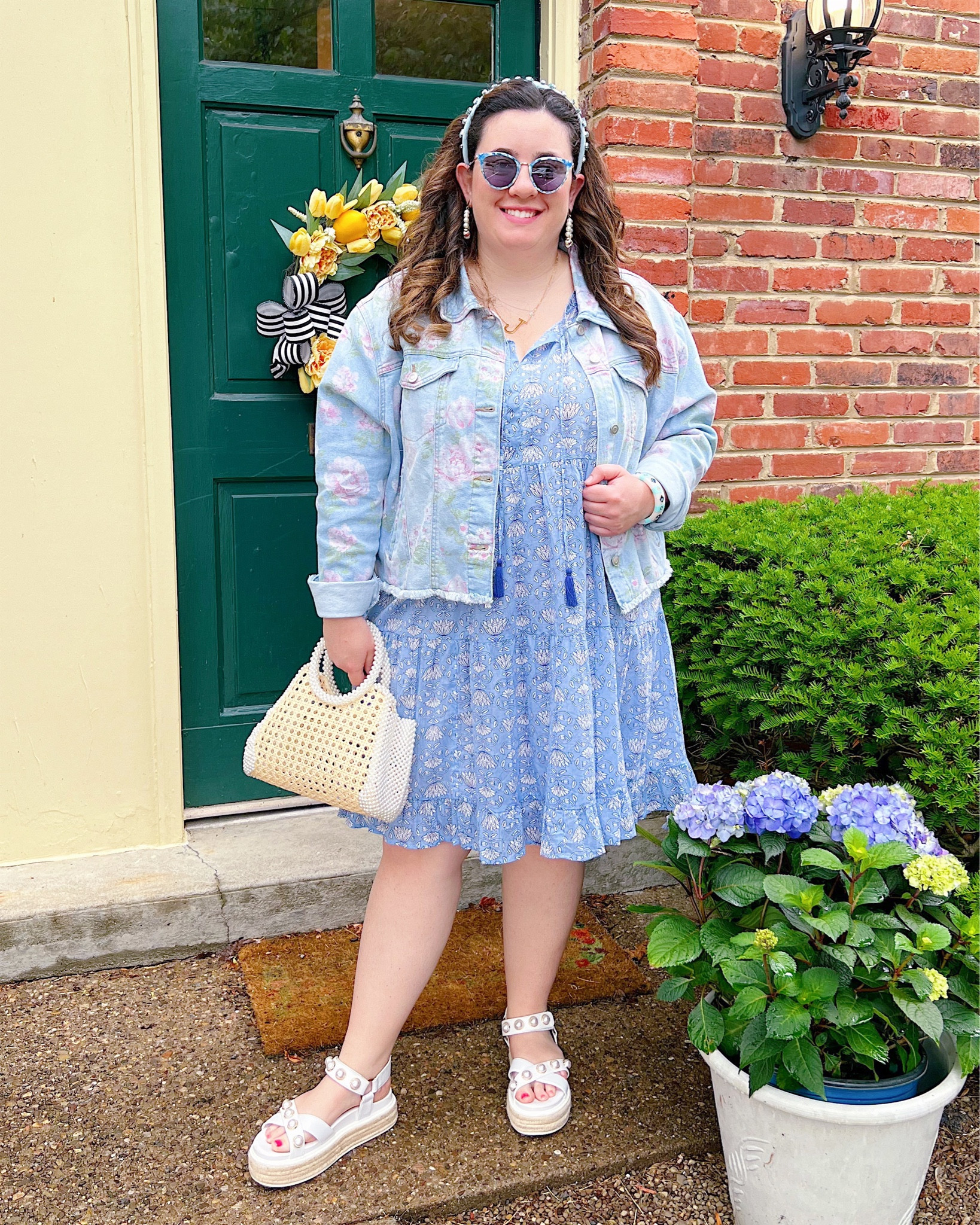 Blue and white dress, blue and white mini dress, floral print denim jacket, preppy outfit, pearl embellished handbag, plus size denim jacket, blue and white swim coverup dress, vacation outfit, embellished headband 

#LTKFind #LTKSeasonal #LTKcurves
