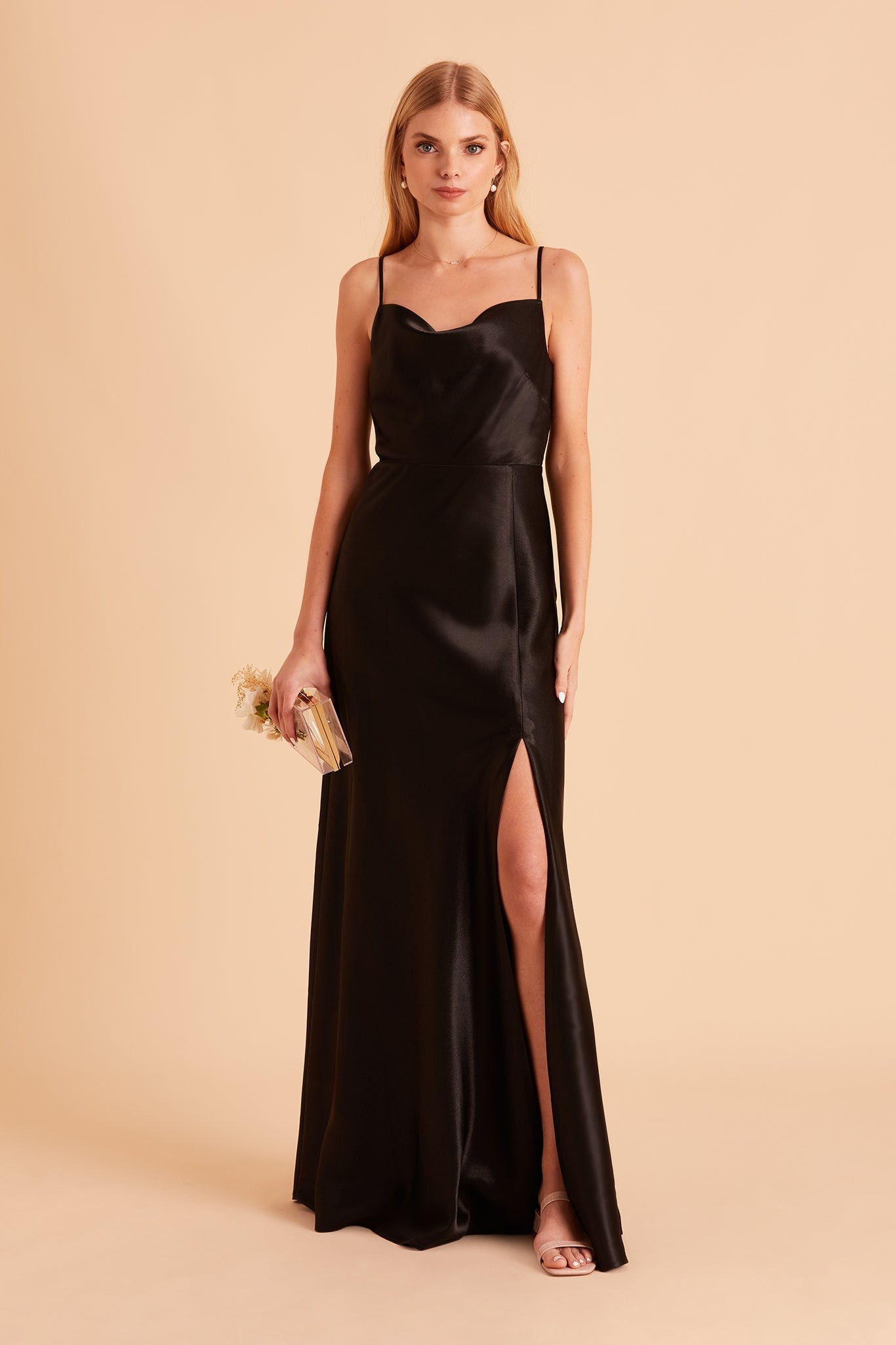 Lisa Long Shiny Satin Dress - Black | Birdy Grey