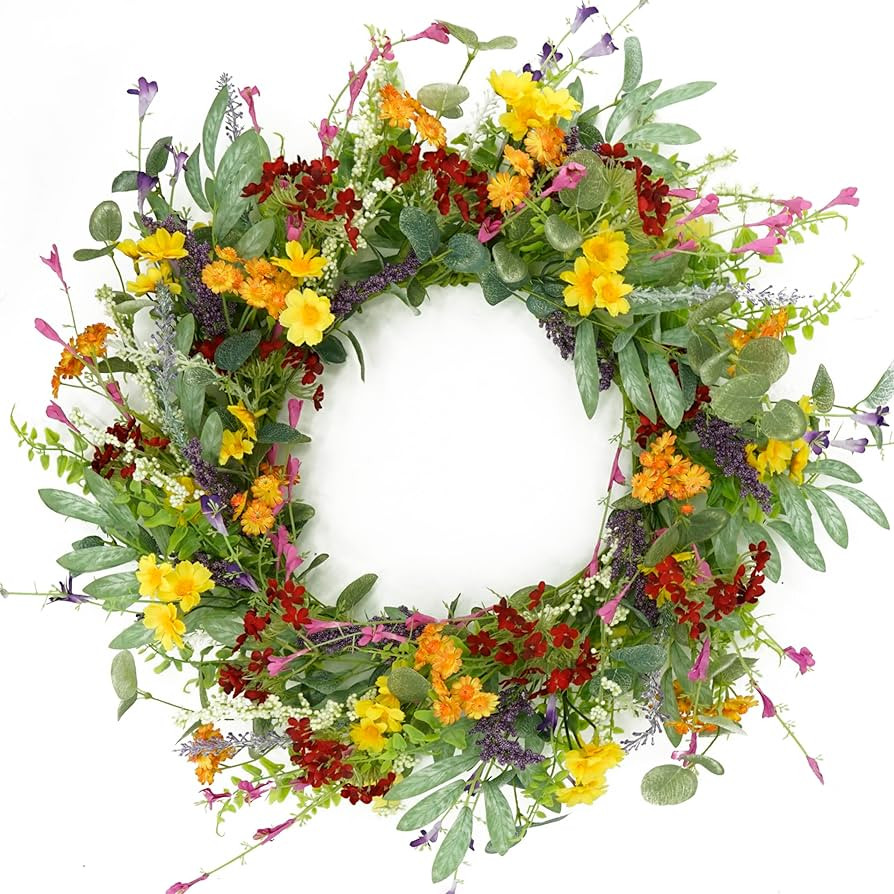 Artificial Spring Summer Wreath for Front Door Yellow Daisy Wreath with Olive Leaf,Eucalyptus Lea... | Amazon (US)