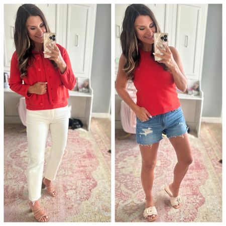 How to style a red sweater set with white jeans and jean shorts 

#LTKFindsUnder50 #LTKOver40 #LTKStyleTip
