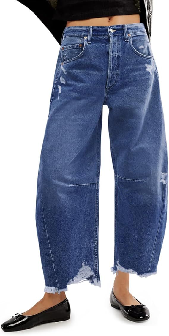 Cicy Bell Women's Baggy Wide Leg Jeans Barrel Horseshoe Boyfriend Cropped Raw Hem Denim Pants | Amazon (US)