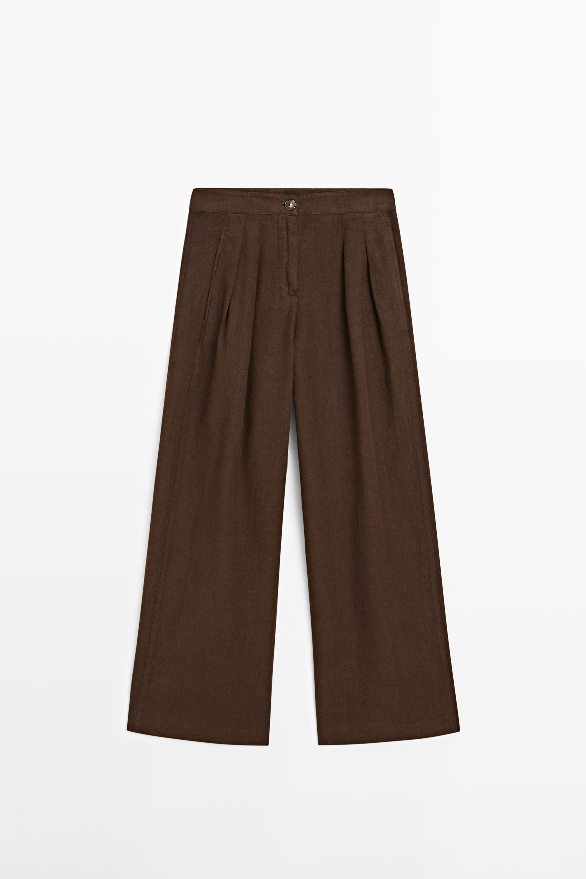 100% linen wide-leg pleated trousers | Massimo Dutti US